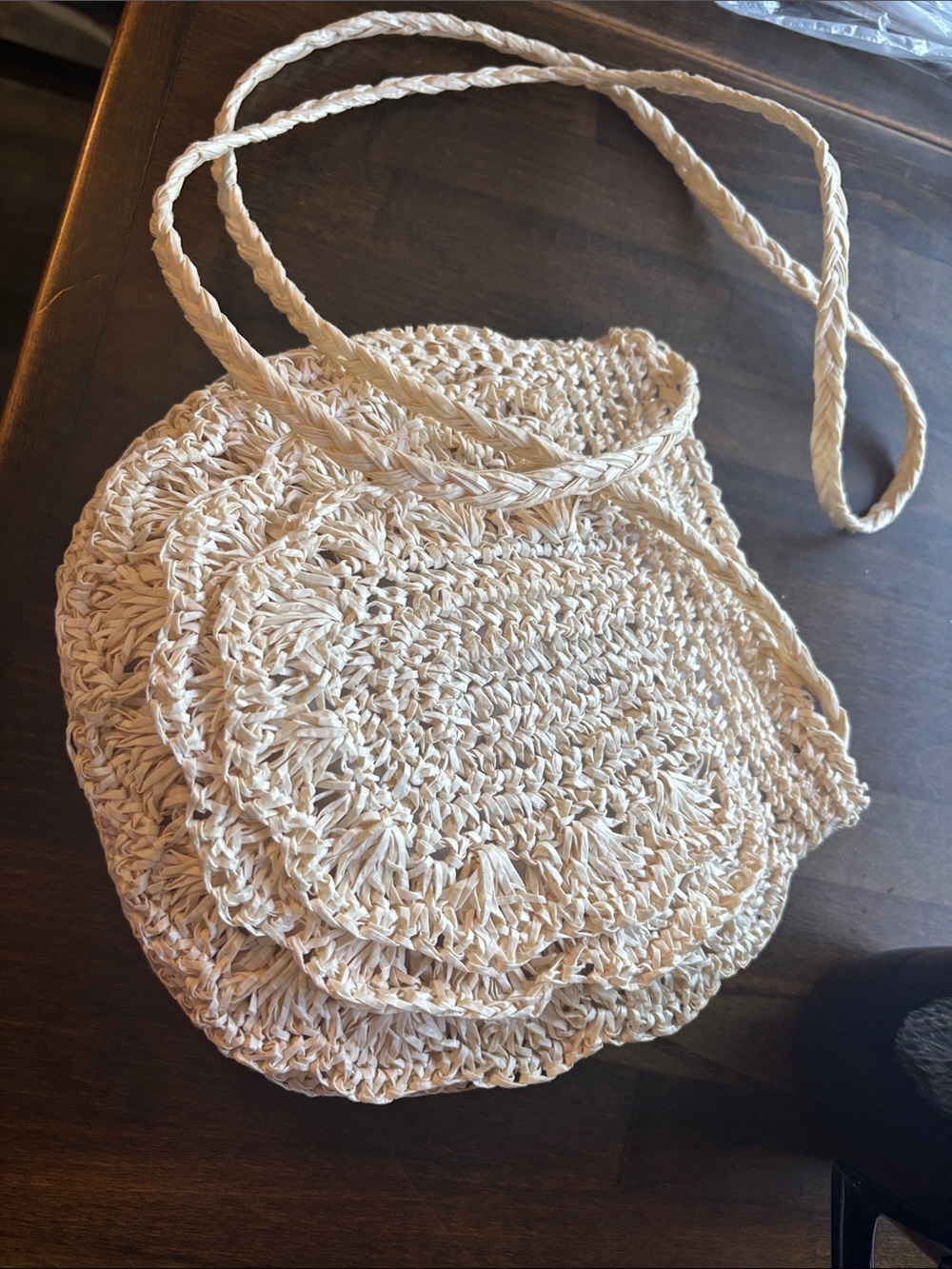 Handcrafted Cream Crochet Round Crossbody Bag with Braided Strap